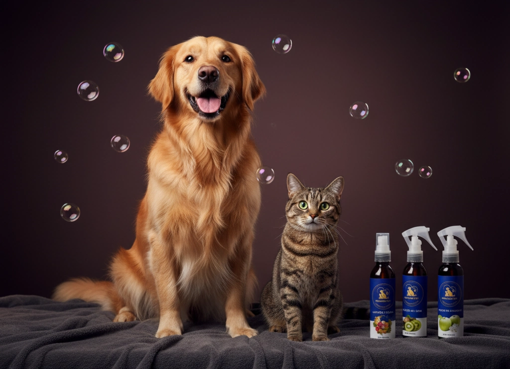 Mascota feliz usando productos naturales Pelusas Pet